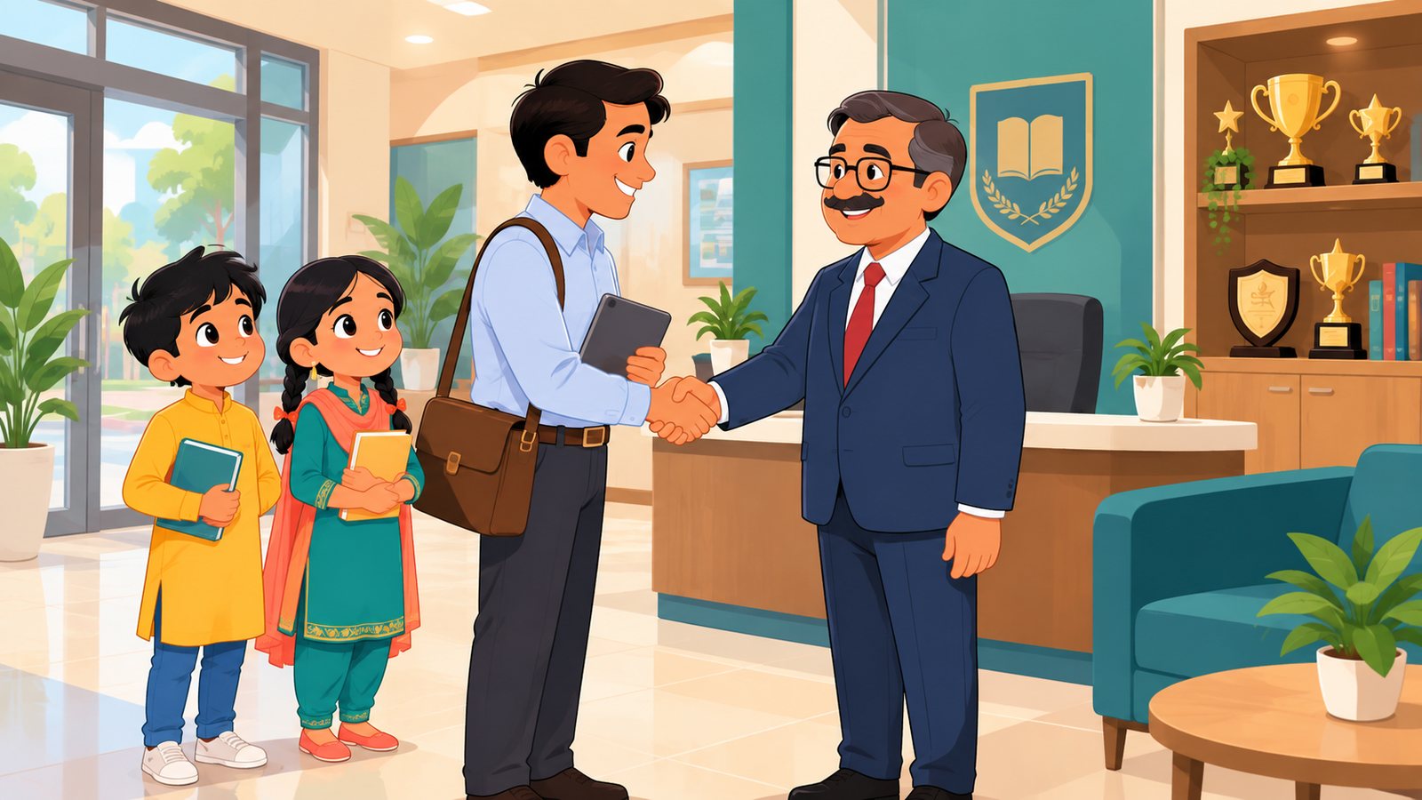 A principal welcoming the Unlock IQ team